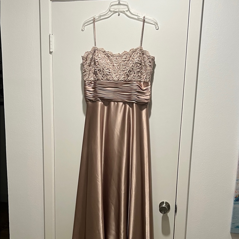 Formal champagne color satin gown